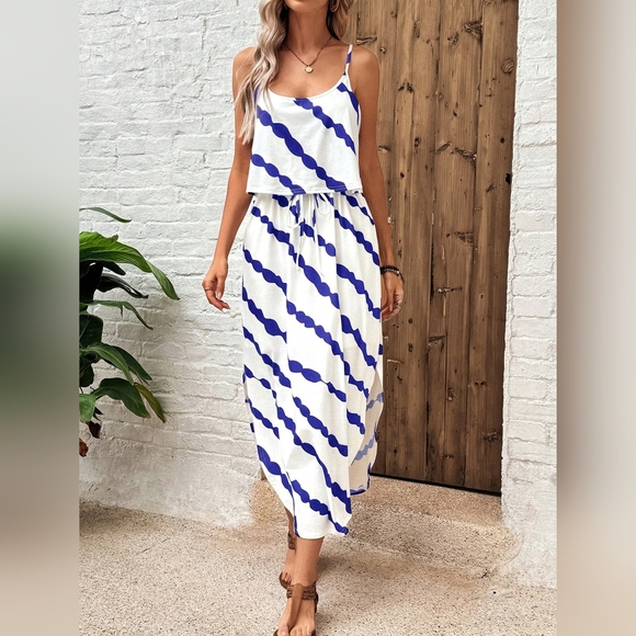 Tie-Dye Black & White Striped Midi Dress With Ruffled Hem And Drawstring Waist F - Picture 5 of 5